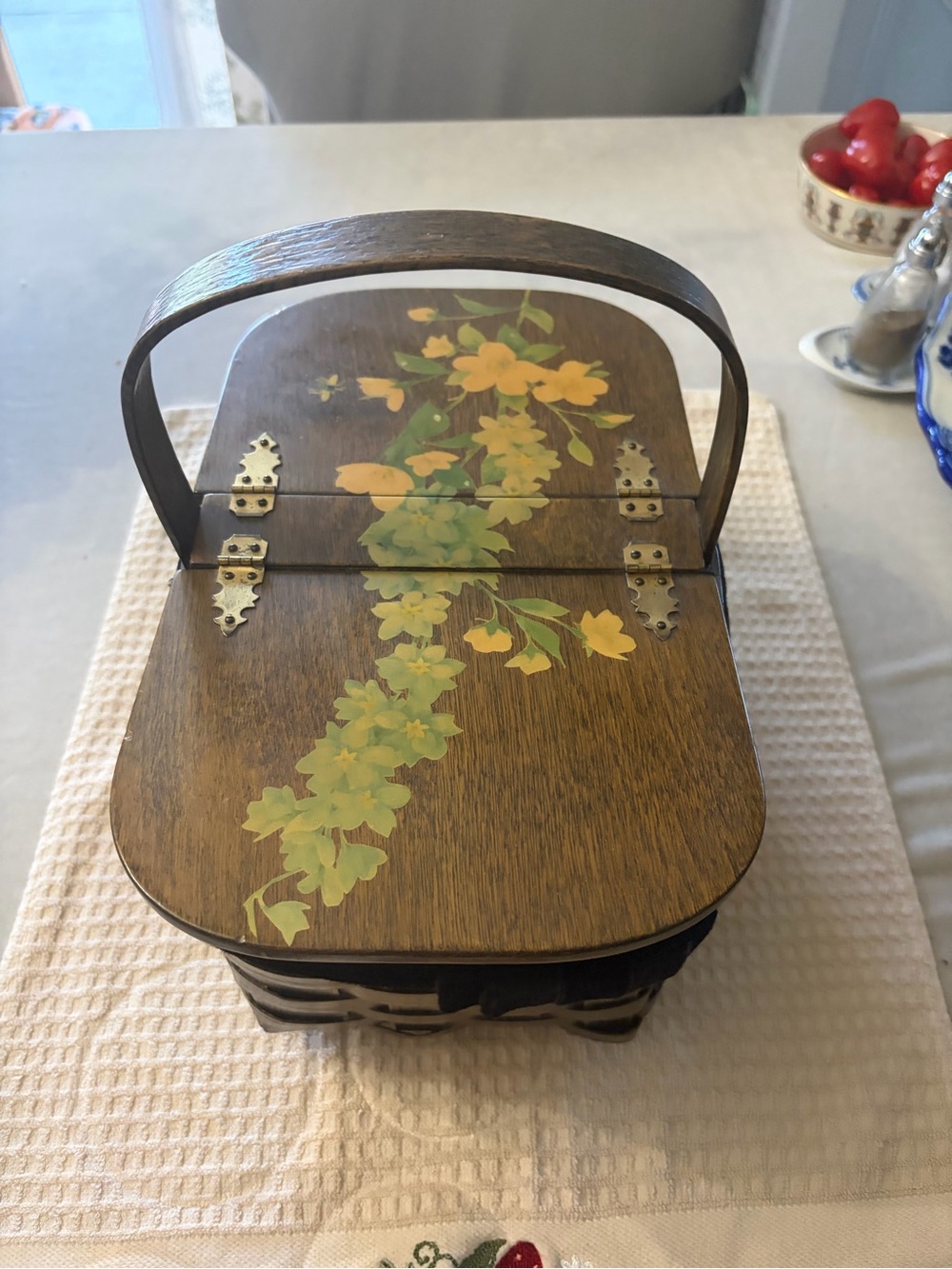 Hand-Painted Wooden Sewing Basket with Handle - Yellow Floral